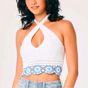 Hollister White Crochet Halter Crop Top with Blue Flower Trim